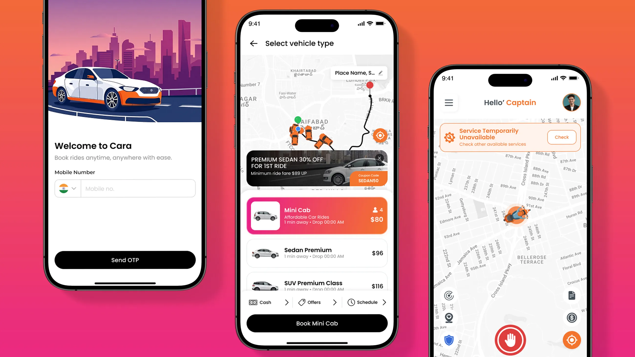 Cara – Smart Ride Booking Mobile Platform Mockup